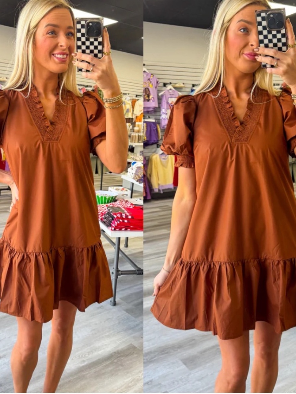 Entro Ruffle Hem Smocked V-Neck Puff Sleeve Dress in Chestnut Brown S